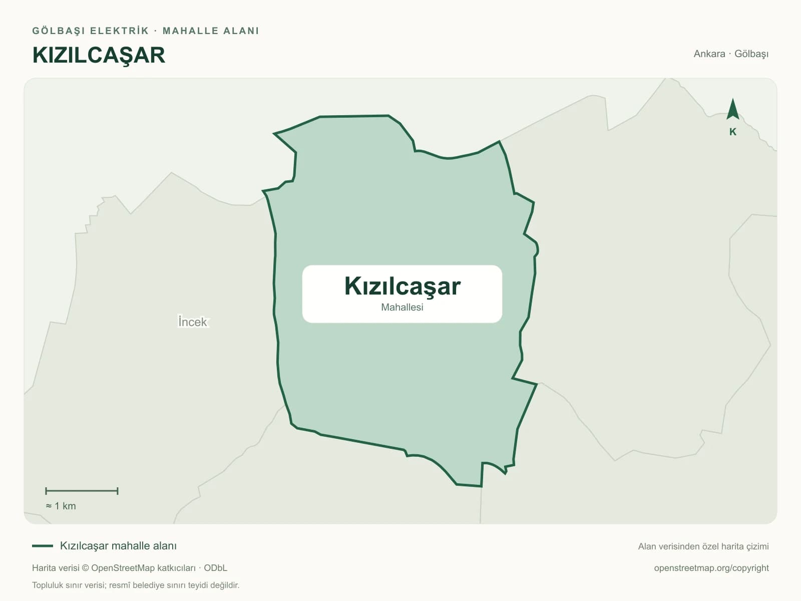 Kızılcaşar Mahallesi alanı ve çevresini gösteren harita