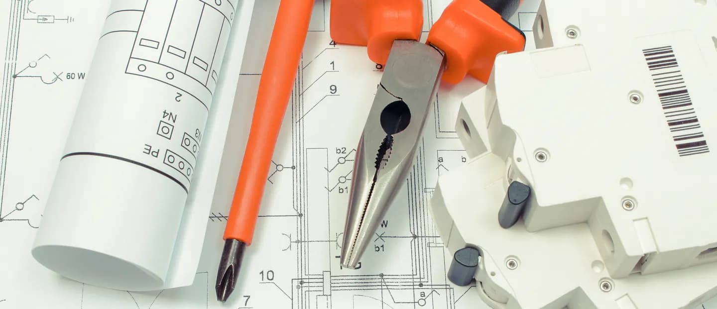 Elektrik şemasının üzerinde yalıtımlı el aletleri ve devre kesiciler