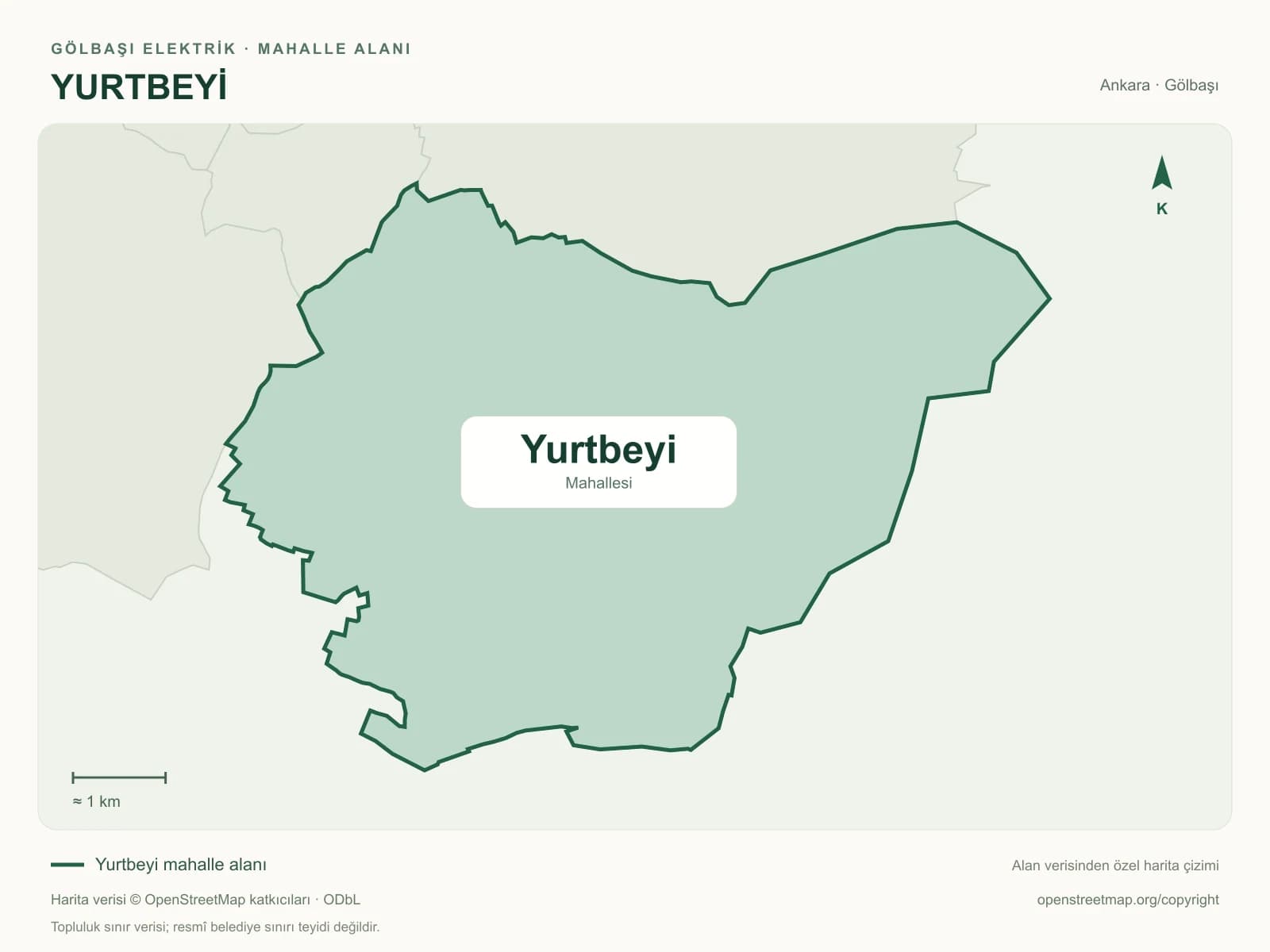 Yurtbeyi Mahallesi alanı ve çevresini gösteren harita