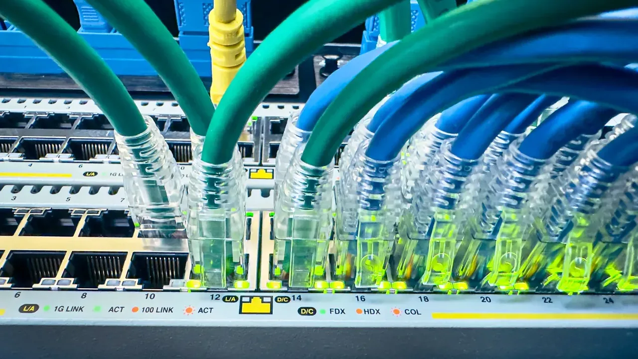 Sunucu kabinetindeki Ethernet kabloları ve ağ bağlantı portları